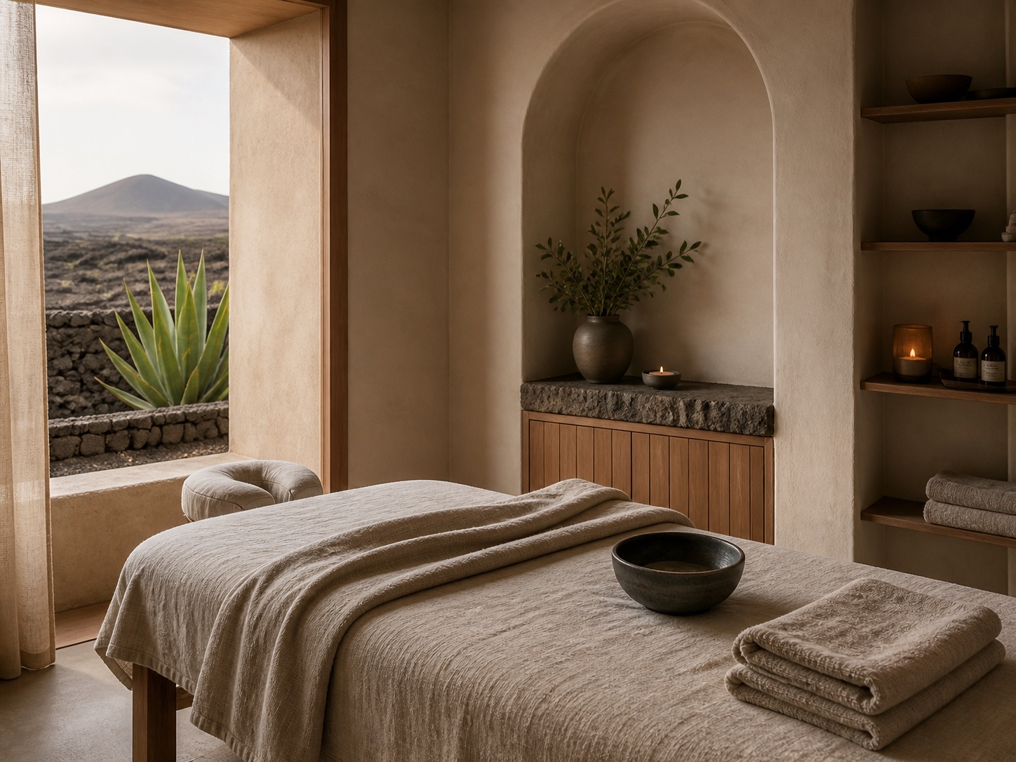 Sala de tratamientos serena con tejidos naturales y vistas de Lanzarote
